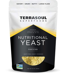 Terrasoul Premium Nutritional Yeast Flakes 16oz bag front, gluten-free vegan flavor enhancer.