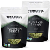 Terrasoul pumpkin seeds 4 lb pack on shelf, raw and versatile for snacks.