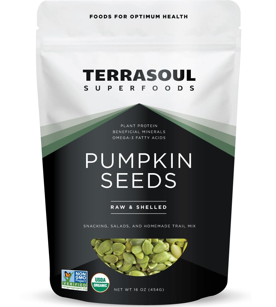 Terrasoul pumpkin seeds front label highlighting organic, raw quality for snacking