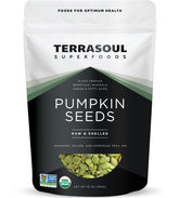 Terrasoul pumpkin seeds front label highlighting organic, raw quality for snacking