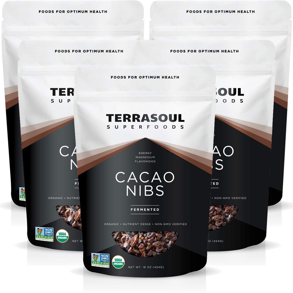 Terrasoul Raw Organic Cacao Nibs 5lb pack in resealable bags for everyday baking.