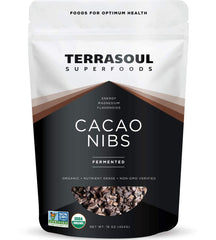 Terrasoul Superfoods raw cacao nibs close-up highlighting premium Criollo beans for snacking