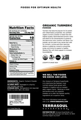Terrasoul Turmeric Powder label close-up with organic certification and purity indicators.
