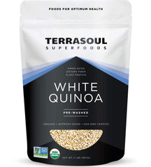 Terrasoul white quinoa 2lbs prewashed grains ready for quick cooking.