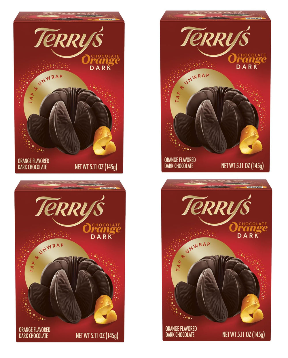 Terry's Dark Chocolate Oranges 4-pack on a festive plate, perfect for gifting.