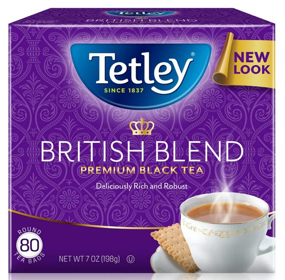 Tetley British Blend tea bags in a box, ideal for a quick morning brew.