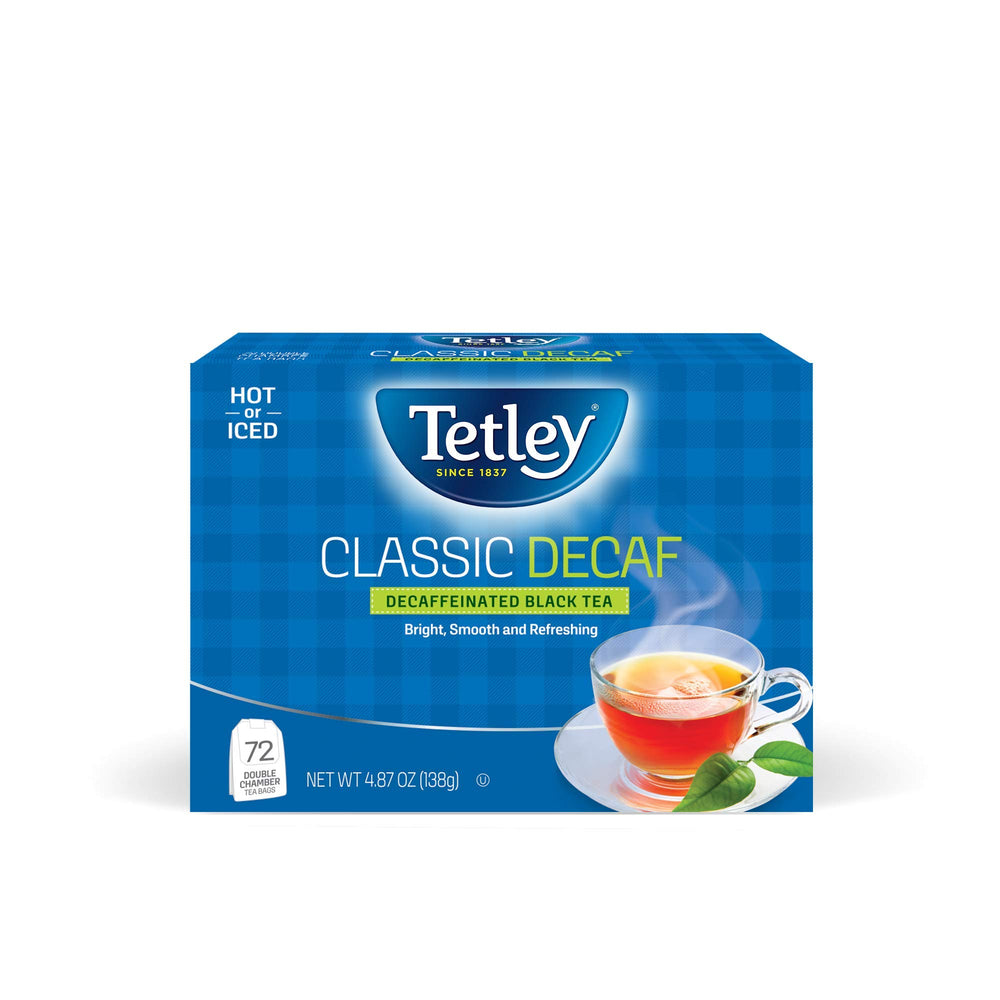 Tetley Classic Blend Decaf tea bags pack offers convenient caffeine-free brewing.