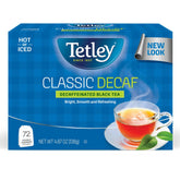 Tetley decaf black tea bags box showcases packaging for easy daily enjoyment.
