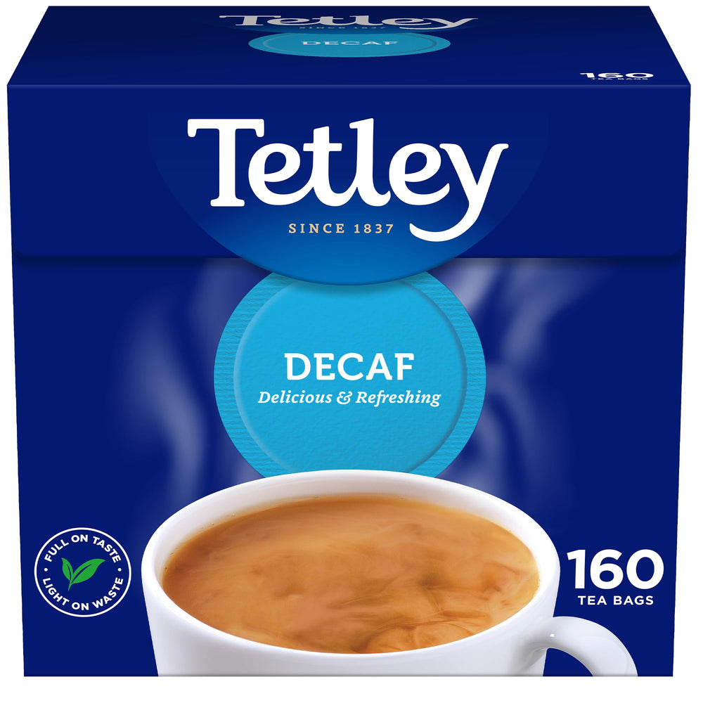 Tetley Decaf Tea Bags 160s packaging front, convenient caffeine-free daily tea