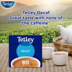 Tetley Decaf Tea Bags 80ct steeping cup reveals an amber, caffeine-free brew.