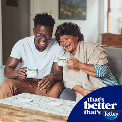 Tetley Decaf tea bags close-up label, easy caffeine-free infusion