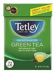 Tetley natural decaf green tea teabags for caffeine-free, smooth flavor.