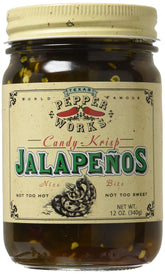 Texas Pepper Works Candy Krisp Jalapenos jar with glossy glaze for bold snacking.