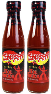 Texas Pete Hotter Hot Sauce bottle with bold heat for flavorful meals.