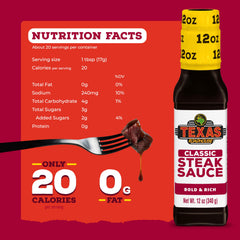 Pouring Texas Roadhouse Classic Steak Sauce over a steak for rich flavor.