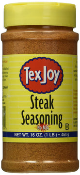 TexJoy steak seasoning bottle ready to season beef before grilling.