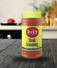 TexJoy steak seasoning on grill-ready steak boosts savory aroma and tenderness.