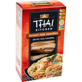 Thai Kitchen gluten-free brown rice noodles in 8oz pack, ideal for quick dinners.