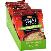 Thai Kitchen gluten-free lemongrass chili instant soup pack close-up emphasizes gluten-free convenience.
