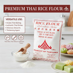 Thairaya Thai White Rice Flour bag close-up shows superfine texture for light batters.