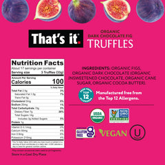 That's It fig truffles closeup, glossy chocolate with real fig bits for a natural fruity bite.