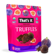 That's It dark chocolate truffles with fig in a pack, rich vegan indulgence from simple ingredients.
