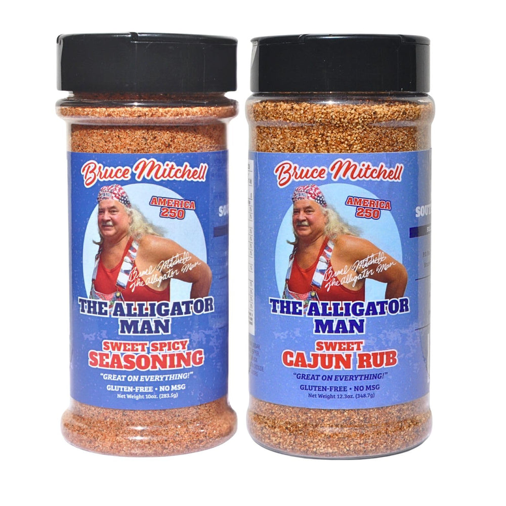 The Alligator Man Sweet Cajun Rub bottle on display, gluten-free seasoning for versatile cooking.