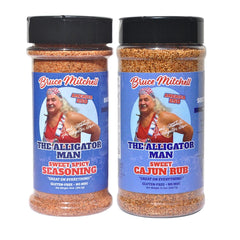 The Alligator Man Sweet Cajun Rub bottle on display, gluten-free seasoning for versatile cooking.