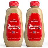 The Authentic Stadium Mustard bottle close-up for bold hot dog flavor.
