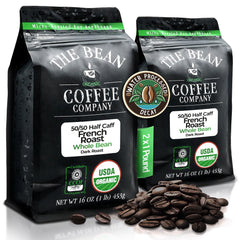 The Bean Coffee Company 50/50 French Roast packaging shows balanced flavor with half the caffeine.