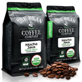 The Bean Organic Coffee Company Mocha Java packaging emphasizes organic, fresh-roasted beans.