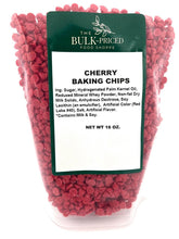 The Bulk-Priced Food Shoppe cherry baking chips in a 1 lb bag, perfect for cookies and brownies.