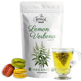 The French Touch Lemon Verbena Tea pyramid bags close-up showing biodegradable packaging and premium blend.