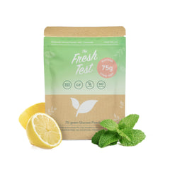 The Fresh Test mint lemonade 75-gram packet front for quick glucose screening on the go.
