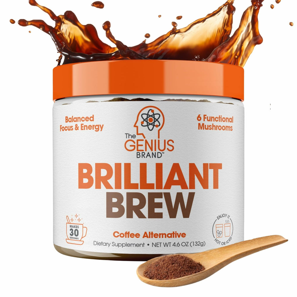 The Genius Brand Genius Brilliant Brew packaging front shows a clean, natural formula for focused energy.