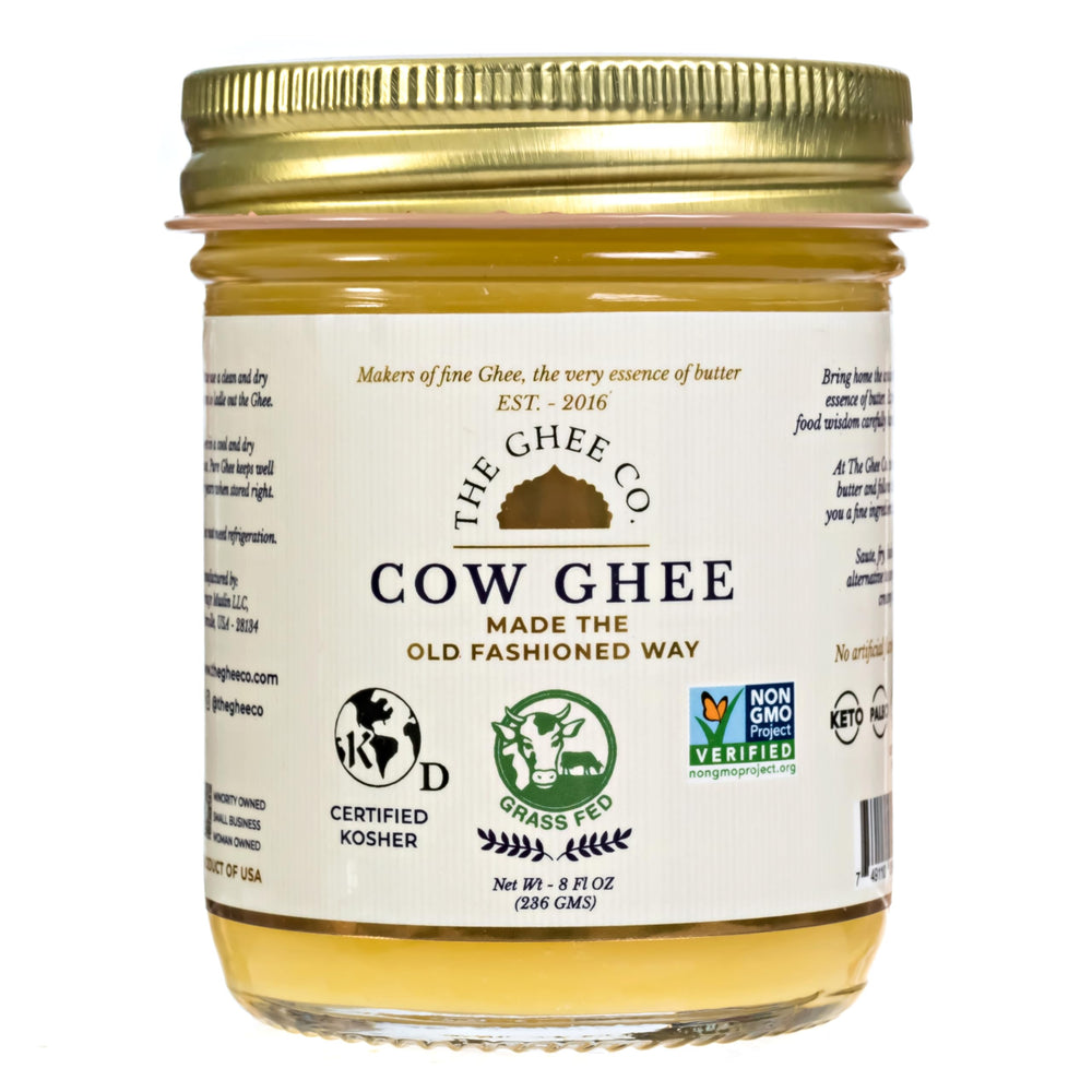 The Ghee Co grass-fed ghee in an 8 oz glass jar ready for versatile cooking