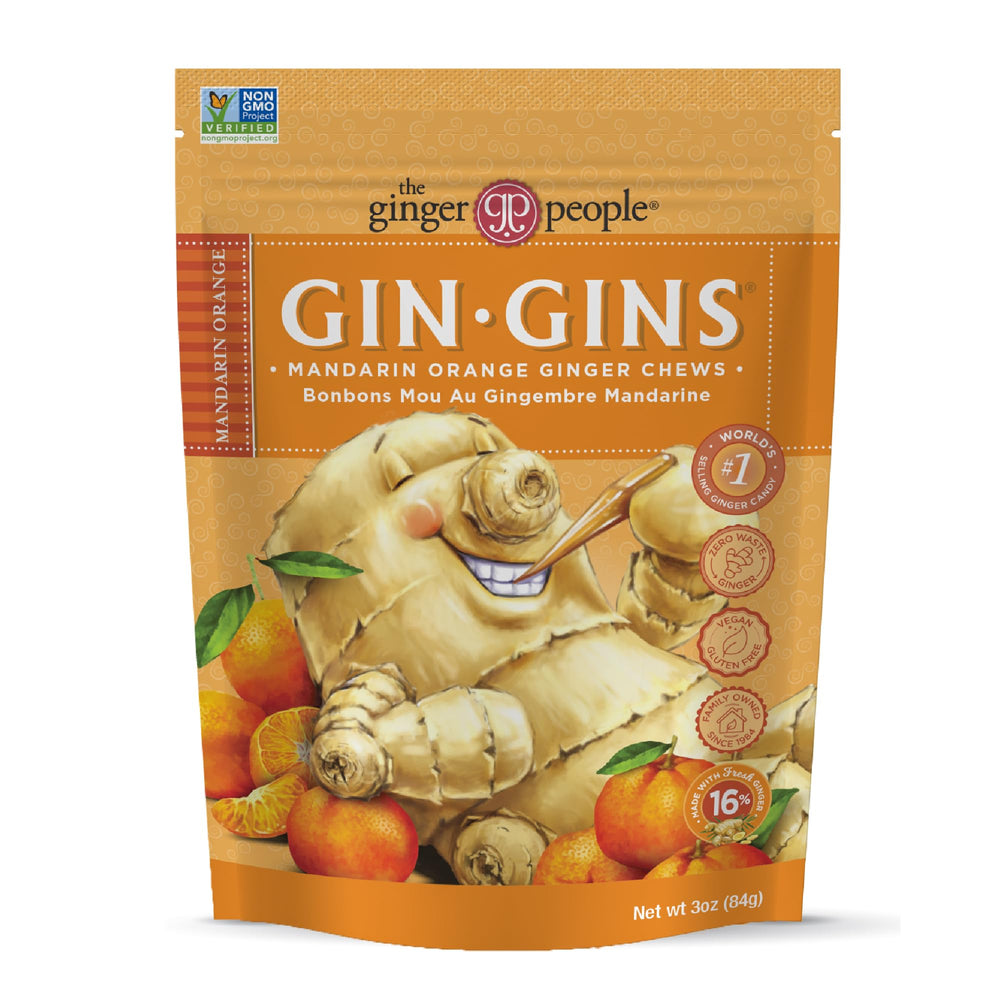 The Ginger People Gin Gins Mandarin Orange Chews bag, bright and individually wrapped for easy on-the-go snacking.