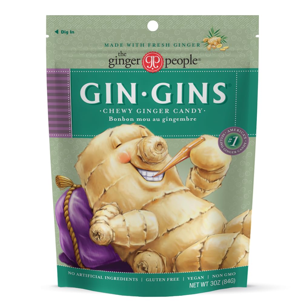 The Ginger People GIN GINS original ginger chews pack shows a travel-friendly snack with bold ginger flavor.