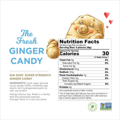 The Ginger People Gin Gins Super Strength bag side shows clean ingredients and vegan notes.