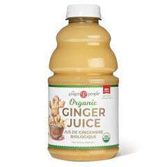 The Ginger People ginger juice label highlighting 99% pure organic content.