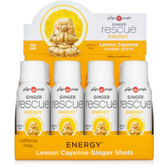The Ginger People Ginger Rescue Shot lemon cayenne bottle for caffeine-free energy lift.