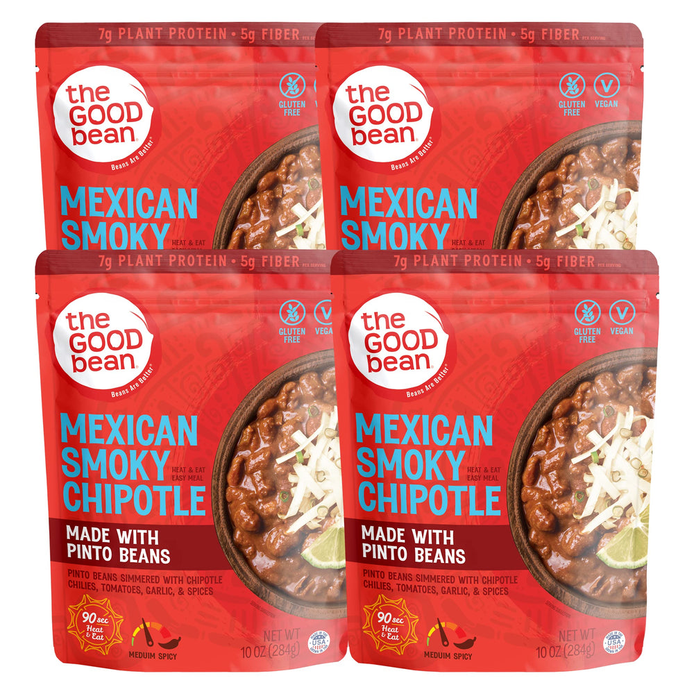 The Good Bean heat-and-eat pouch with Mexican smoky chipotle pinto beans, ready in 90 seconds.