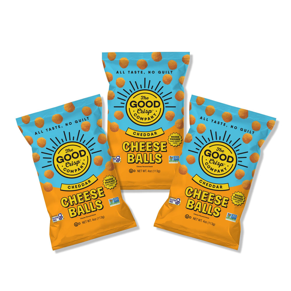 The Good Crisp Company cheddar cheese balls, 4 oz bags in a three-pack, ready for quick snacking.