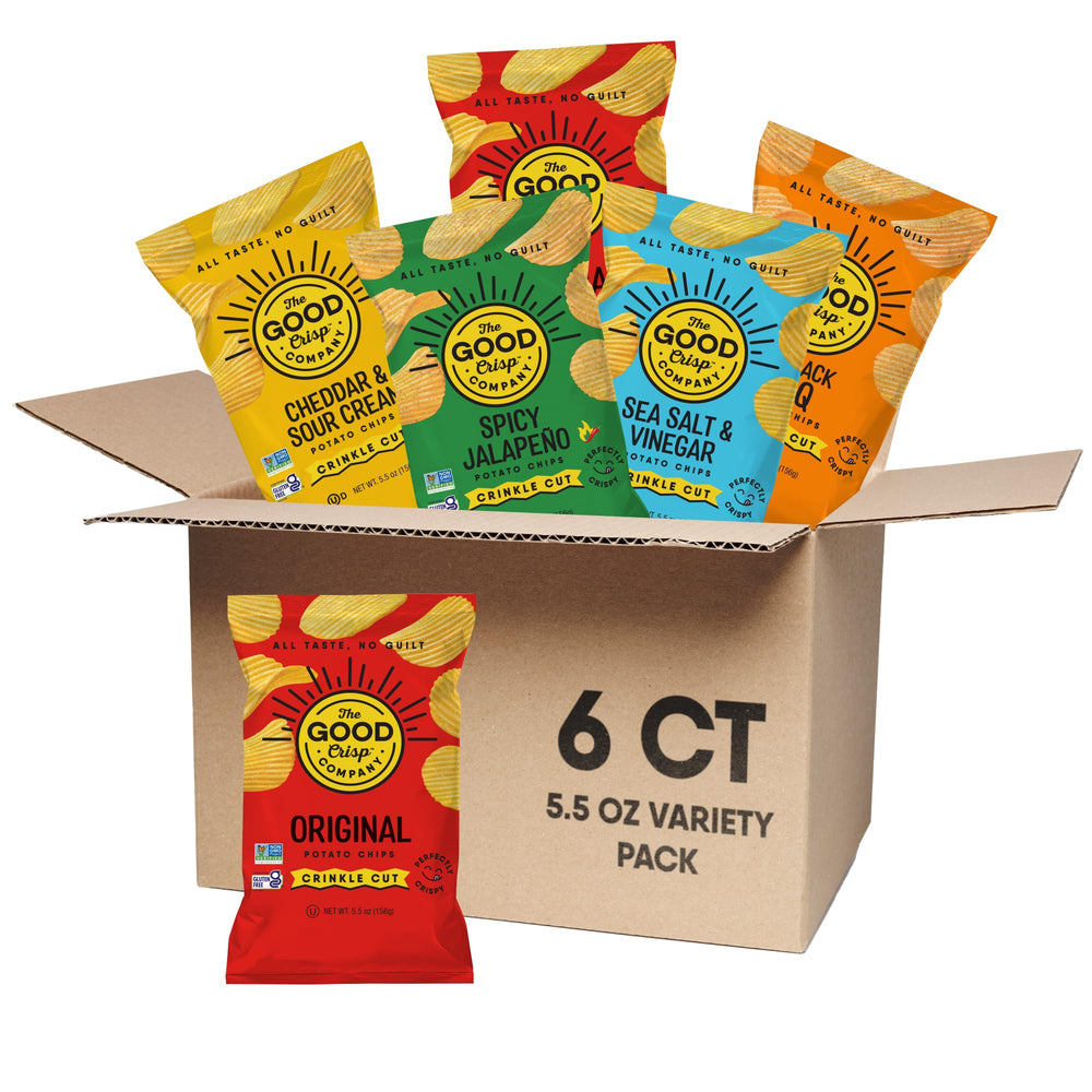 The Good Crisp Company crinkle-cut original chips in a six-pack, ideal for sharing.