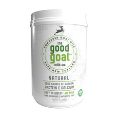 The Good Goat Milk powder tin close-up, pure additive-free ingredient for everyday use