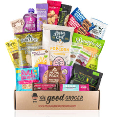 The Good Grocer vegan snacks box front view, ready for gifting and convenient snacking.