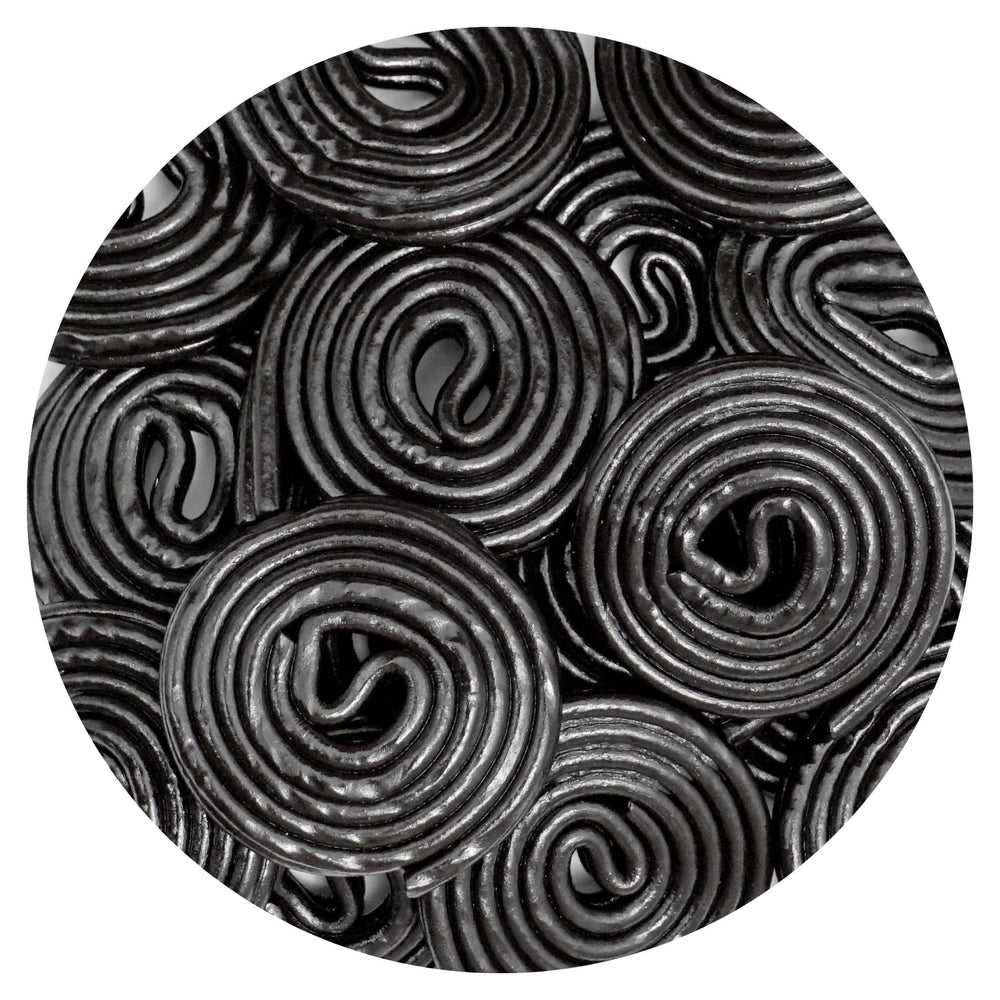 The Hampton Broadway Black Licorice Wheels bag front view, ideal for quick snacking and sharing.