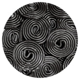 The Hampton Broadway Black Licorice Wheels bag front view, ideal for quick snacking and sharing.