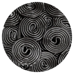 The Hampton Broadway Black Licorice Wheels bag front view, ideal for quick snacking and sharing.