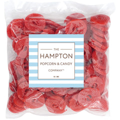 Broadway Strawberry Wheels licorice close-up highlights bright red color and chewy texture.